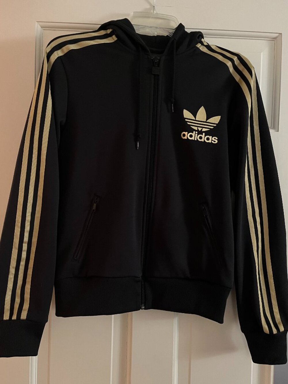 Adidas Women's Black Zip Up Hoodie with 3 Gold Stripes size M